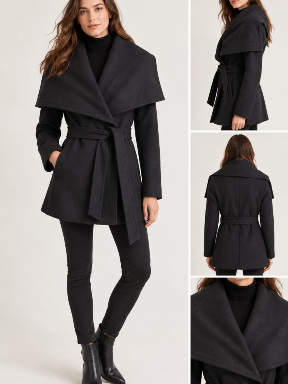 Wool Belted Wrap Coat with Oversized Cape-Style Collar Dark Charcoal Sz Medium